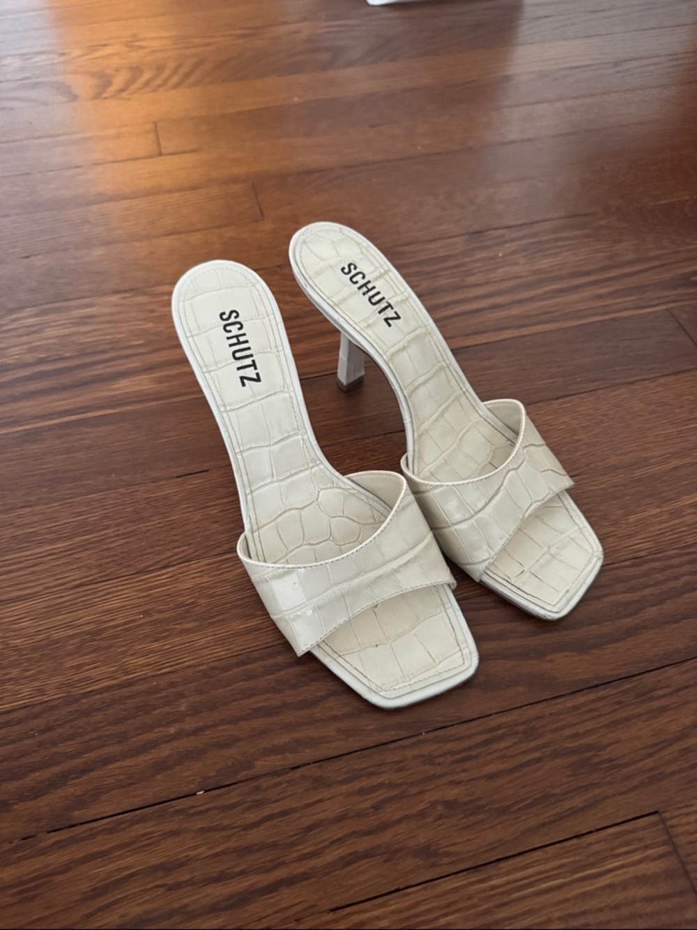 SCHUTZ Cream Croc-Embossed Slide Heels